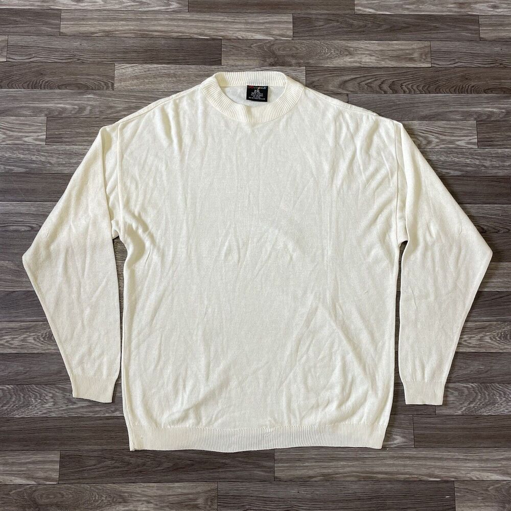 Vintage Bergati Acrylic Knit Sweater Men’s 2XL Solid Beige Relaxed Fit Hipster